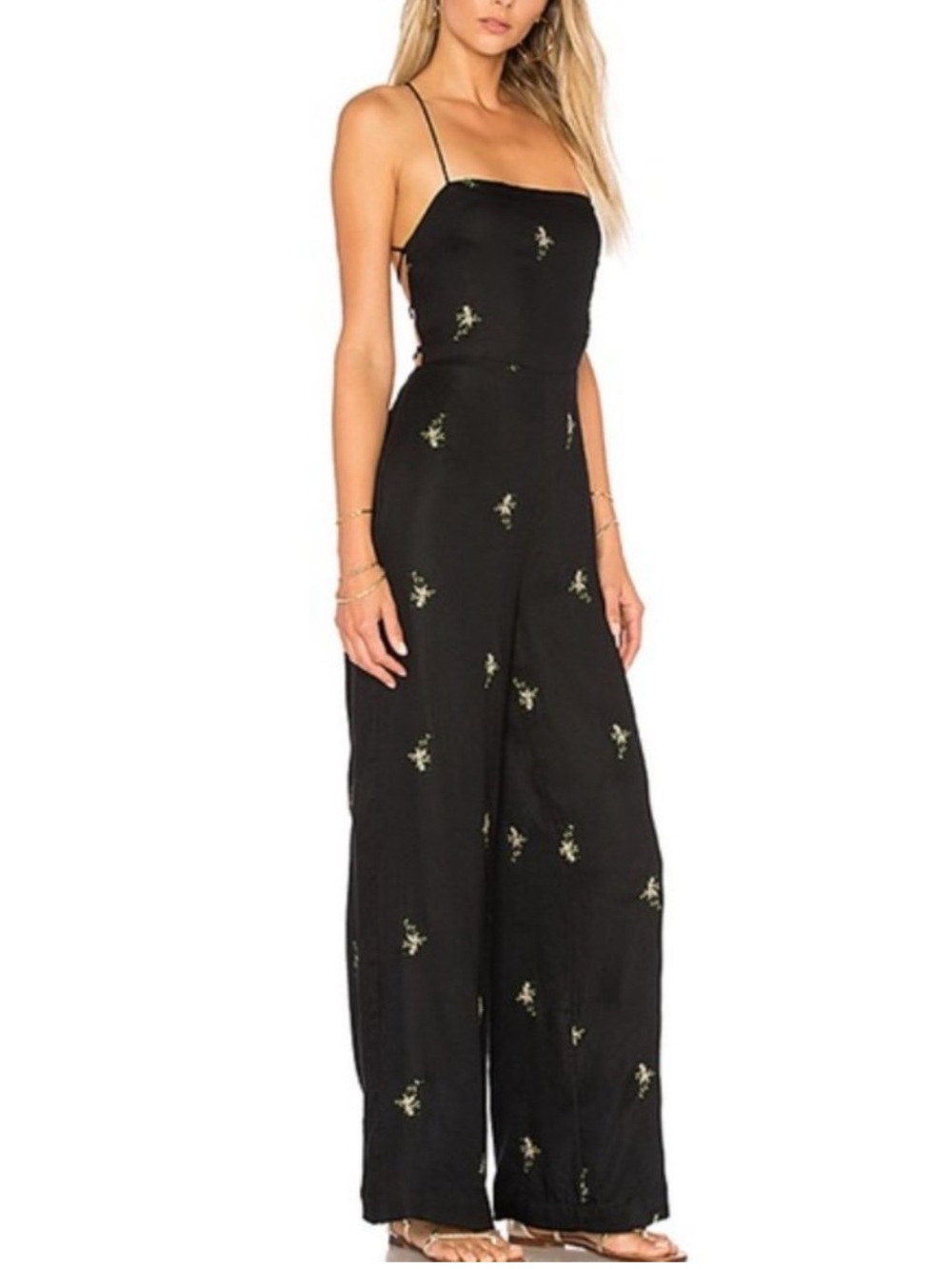 House of Harlow 1960 x Revolve Natalie Black Wide-Leg Jumpsuit Floral Embroidery - Picture 2 of 16